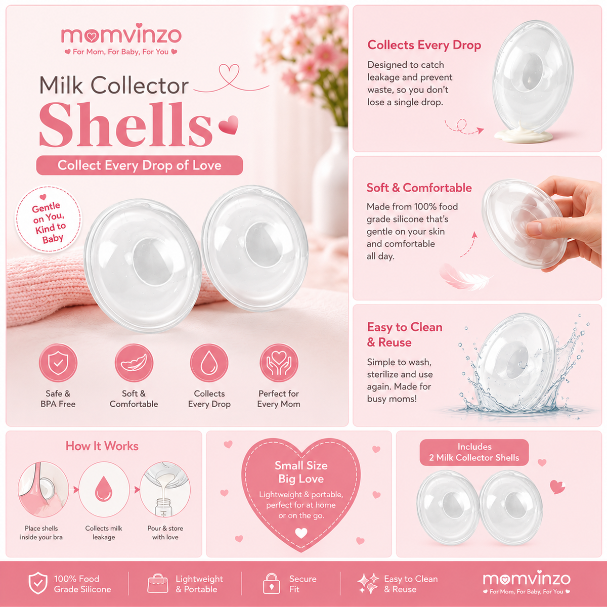 Momvinzo reusable silicone milk collector shells, set of 2, product photo 4