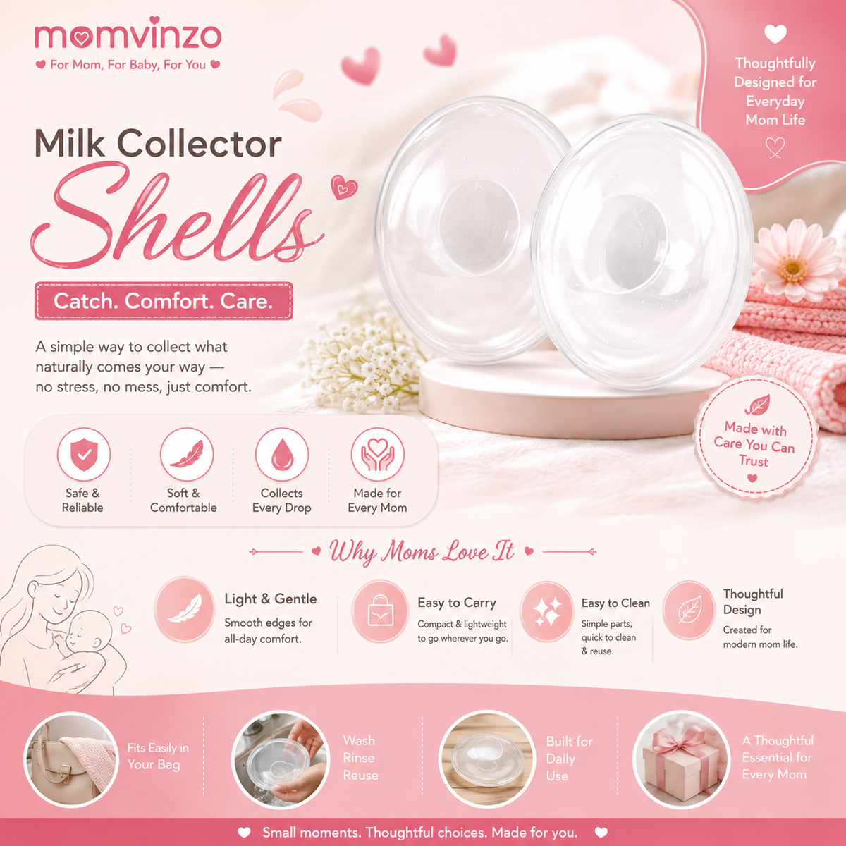 Momvinzo reusable silicone milk collector shells, set of 2, product photo 3